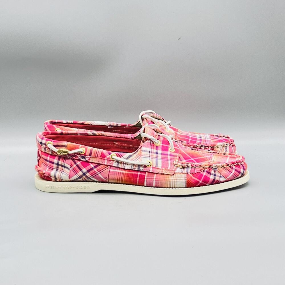 Sperry Shoes Womens 12 Pink Plaid Madras Boat Flats Non Marking Slip On Casual